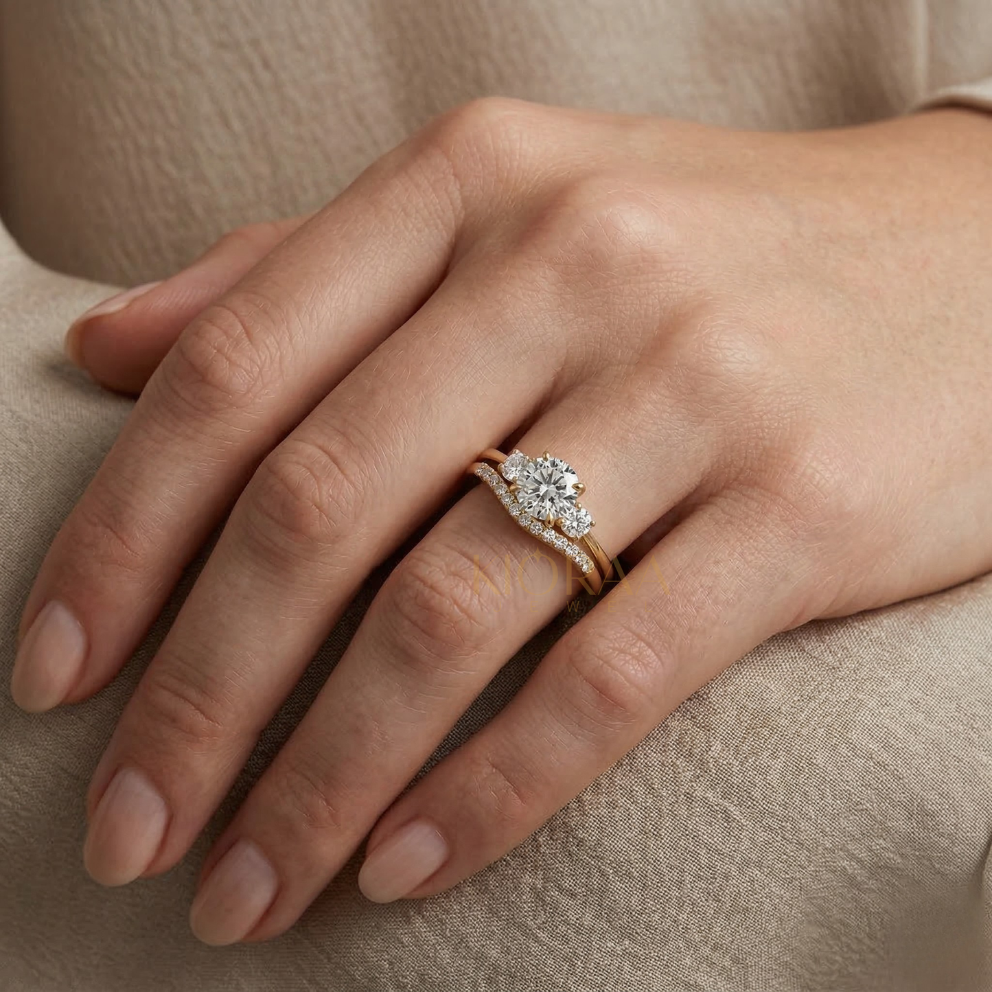 Round Shape Three Stone Diamond Ring with Half Coverage Eternity Wedding Band