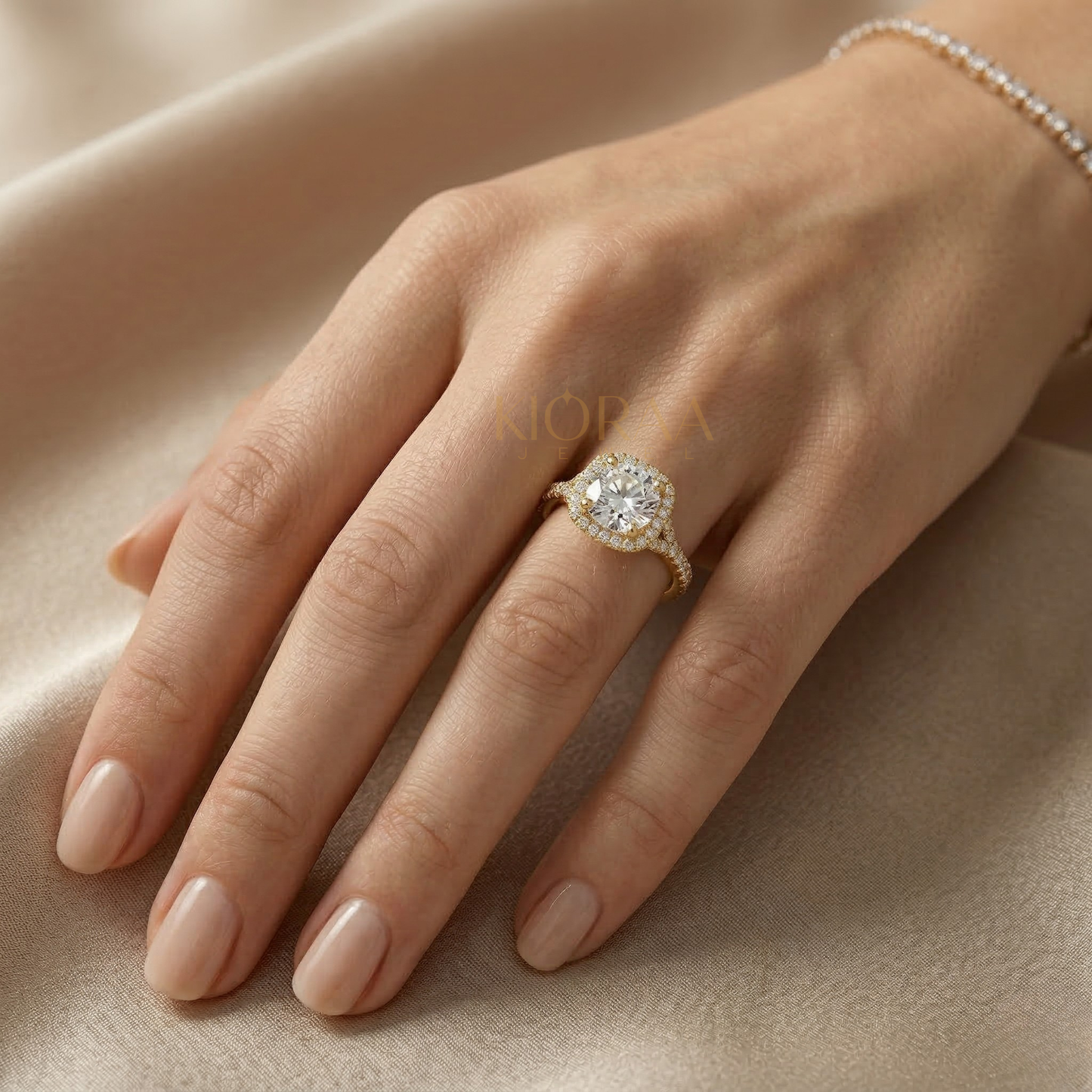 Half Coverage Round Diamond Halo Engagement Ring