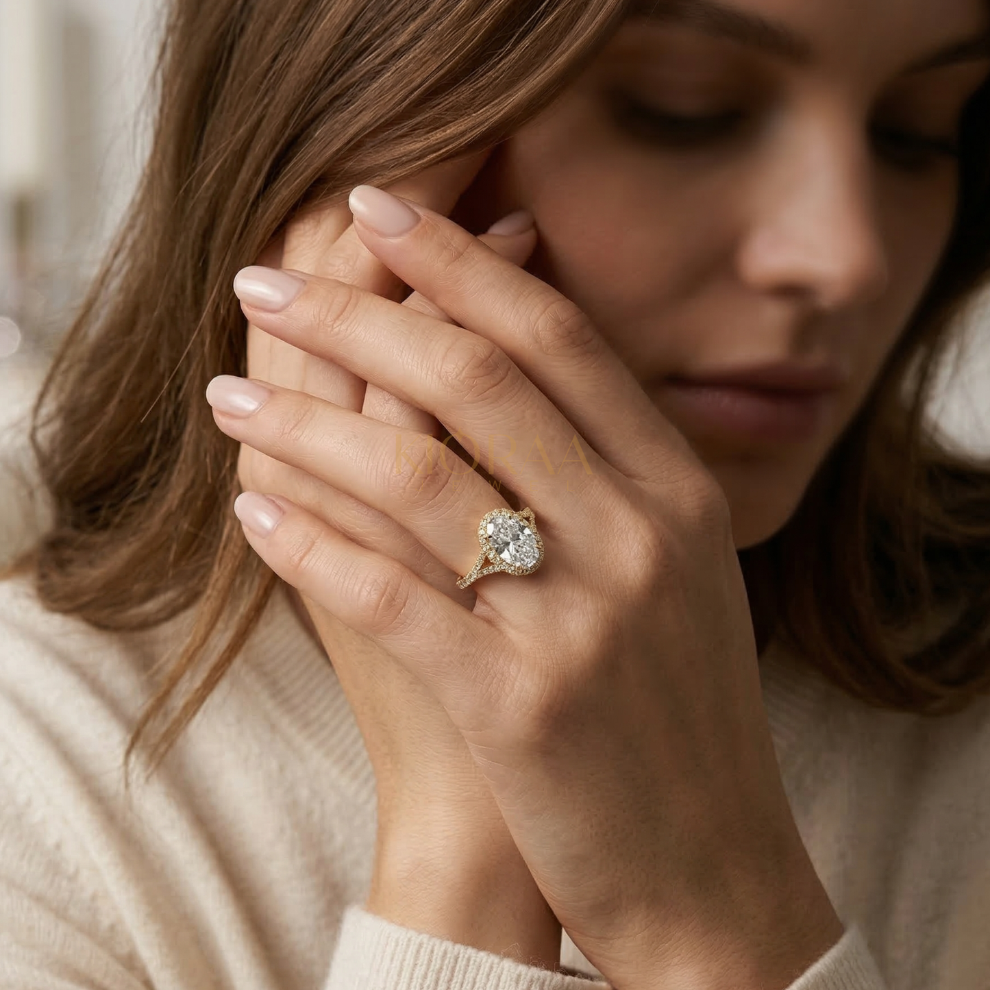 Half Coverage Oval Diamond Halo Engagement Ring