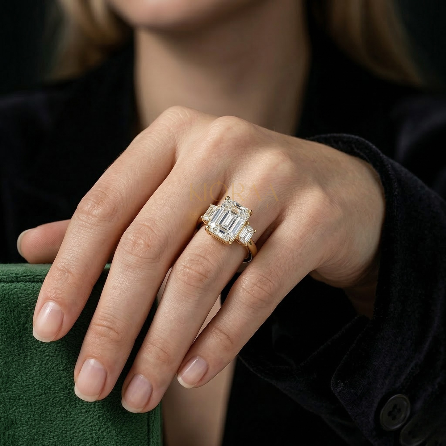 Emerald Three Stone Engagement Ring