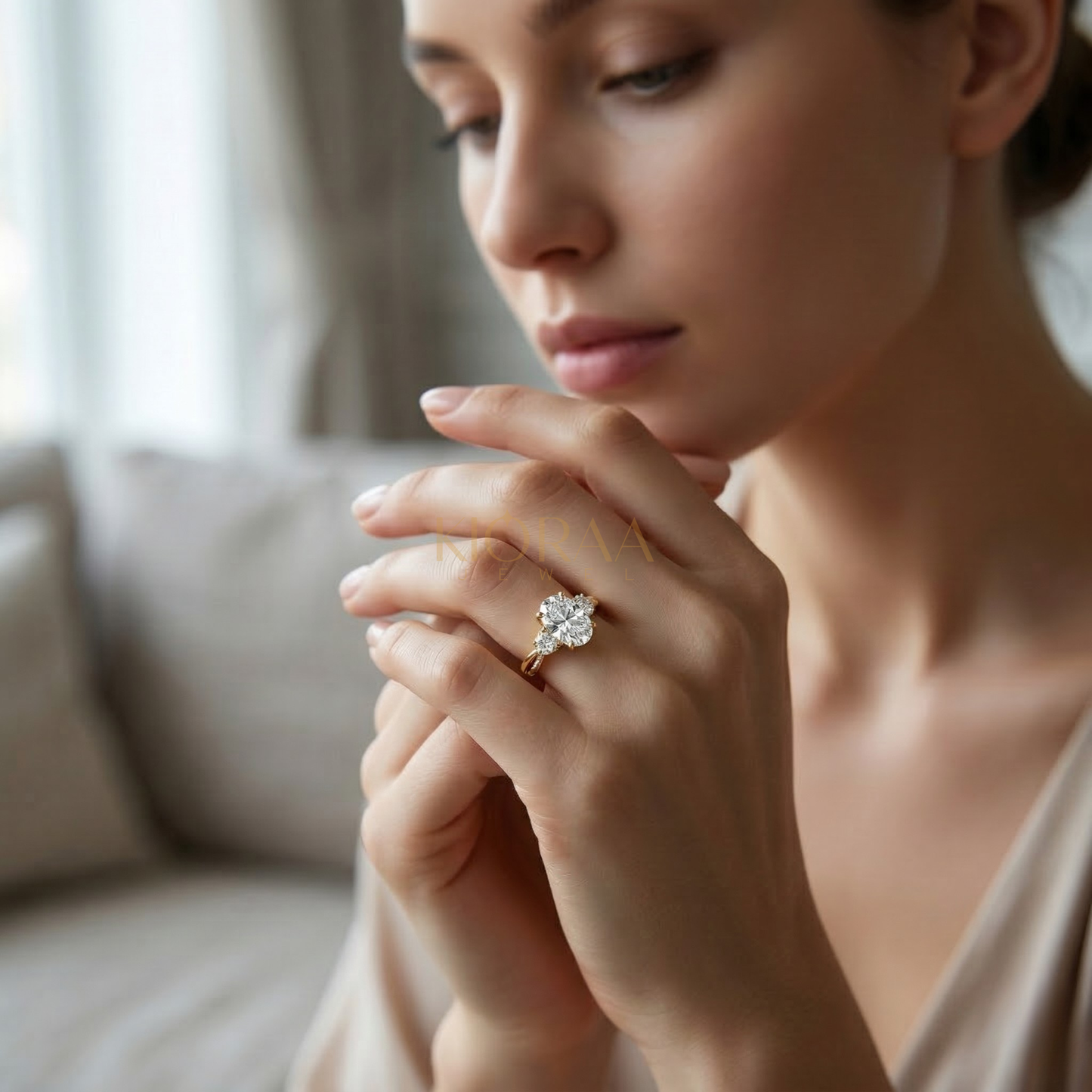 Twist Oval Diamond Three Stone Engagement Ring