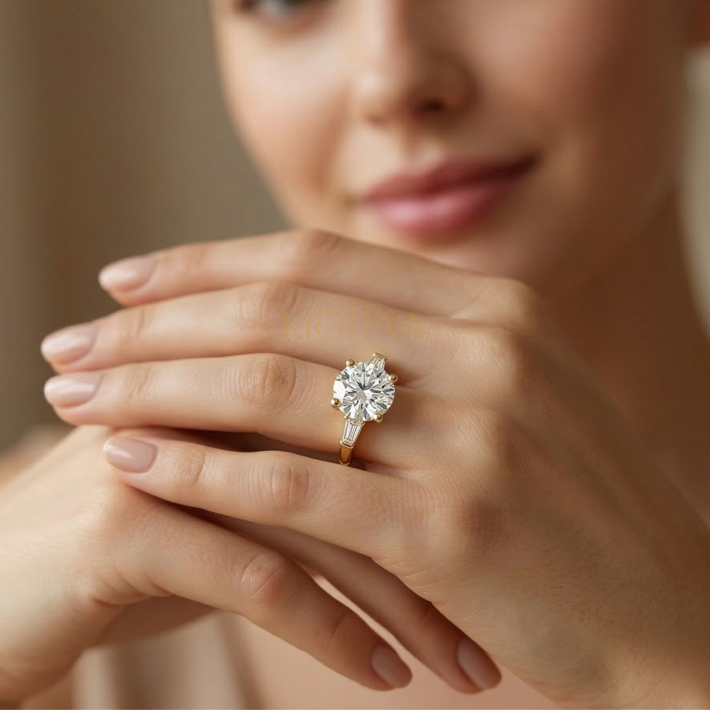 Round Shape Tapered Baguette Three Stone Engagement Ring