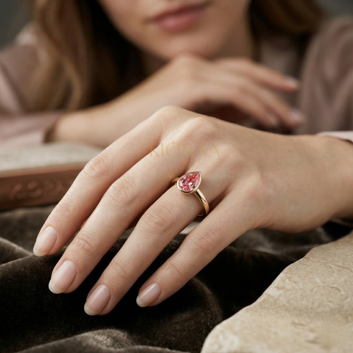 Classic Simple Fancy Pink Pear Bezel Solitaire Engagement Ring