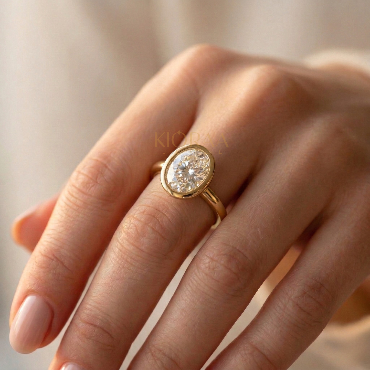 Classic Simple Oval Bezel Solitaire Engagement Ring