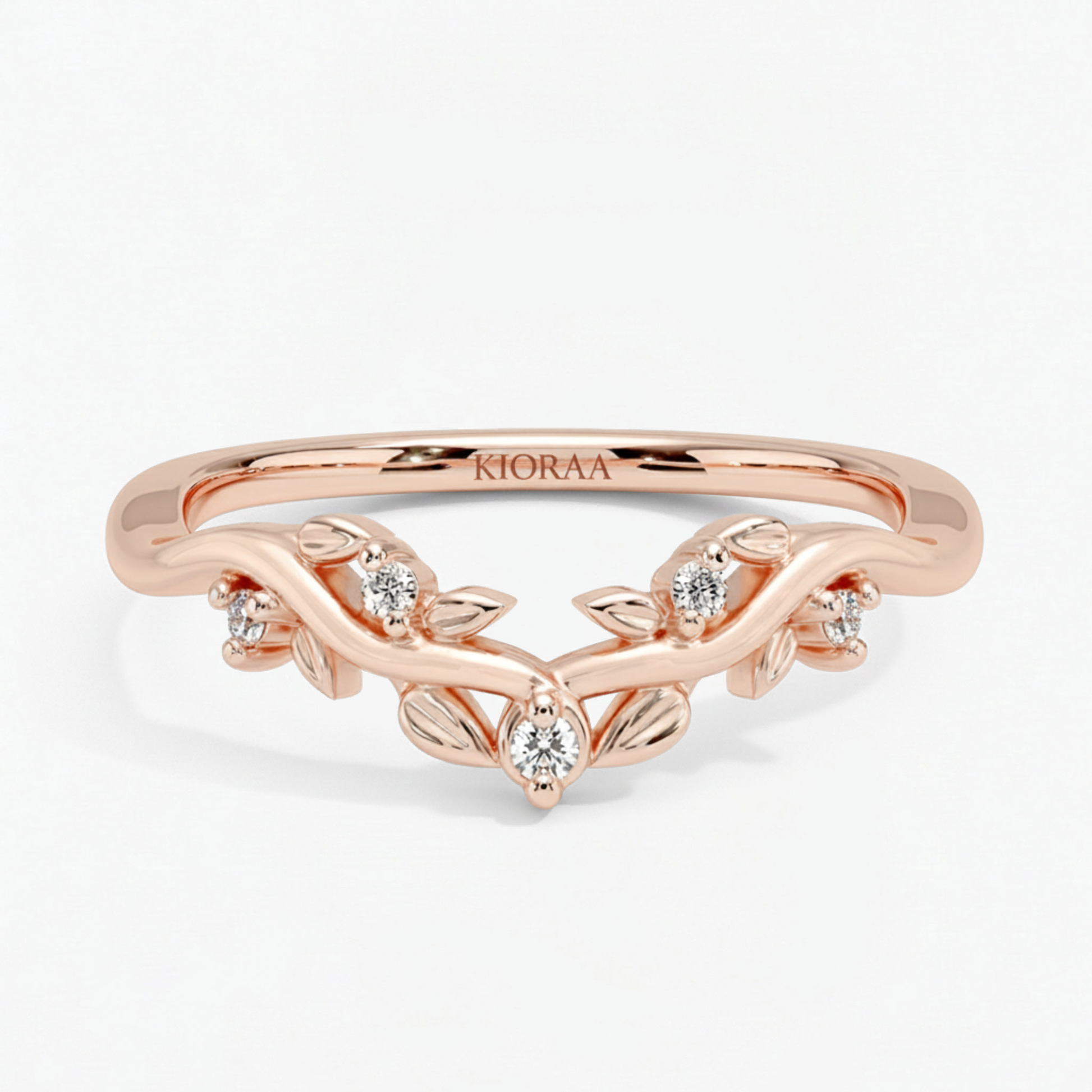 Round Cut Nature Inspired Leaf Wedding Band