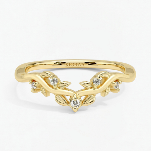 Round Cut Nature Inspired Leaf Wedding Band