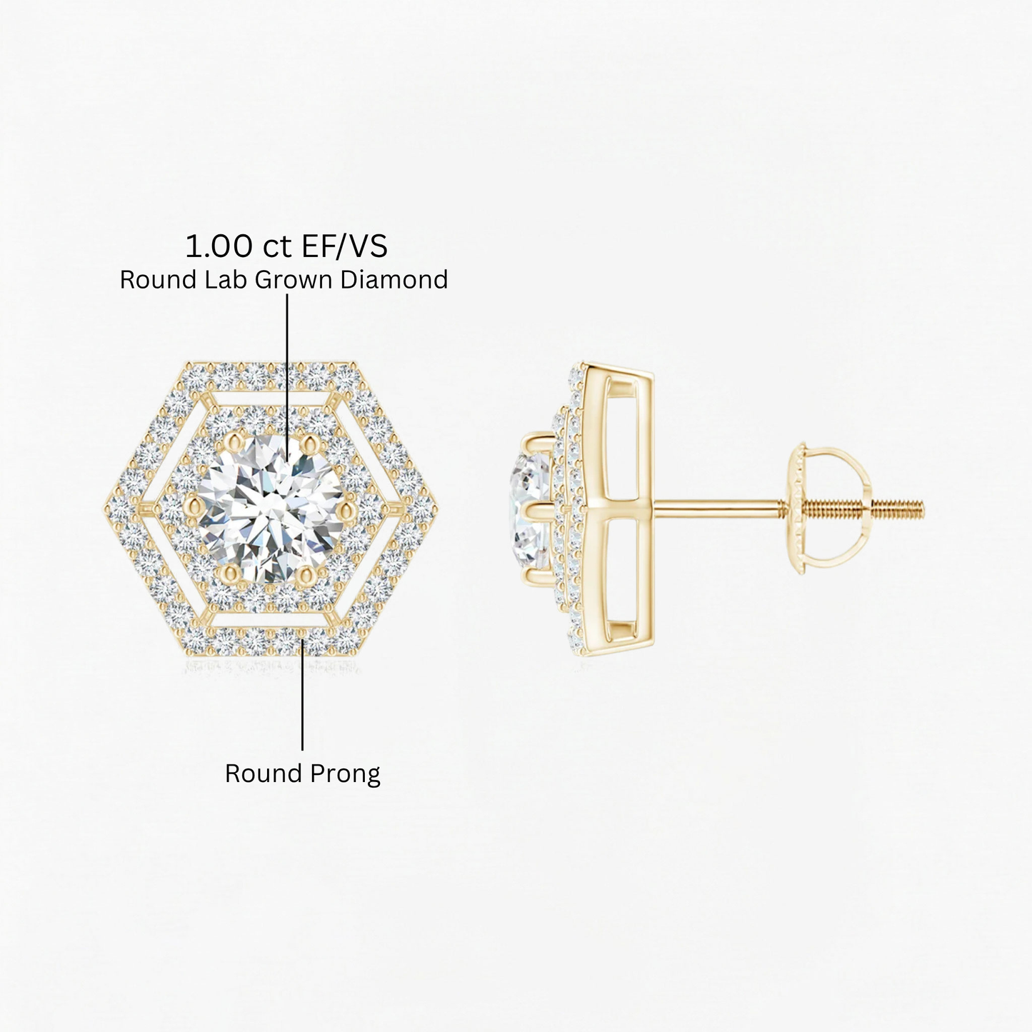 Round Diamond Hexagonal Double Halo Stud Earrings