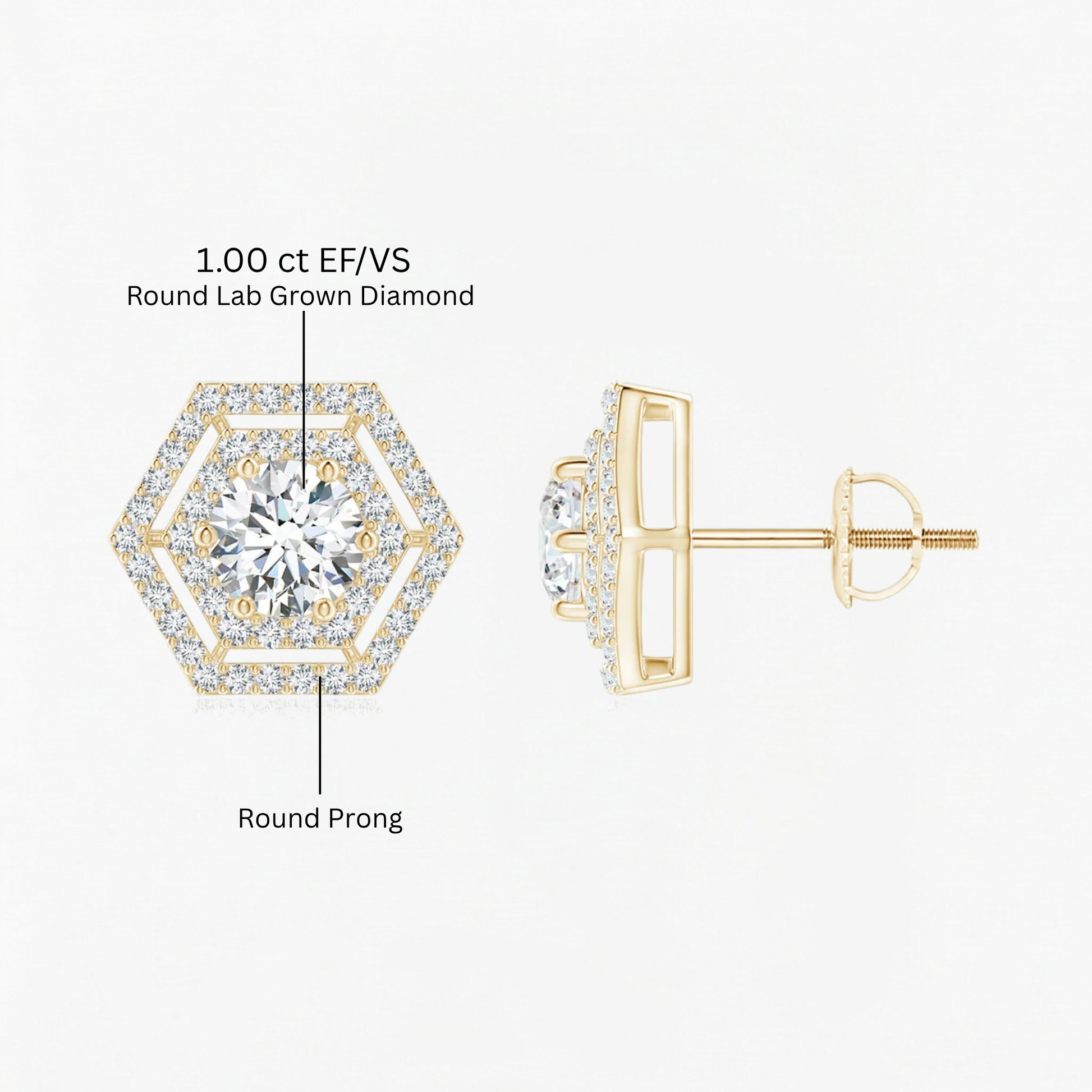 Round Diamond Hexagonal Double Halo Stud Earrings