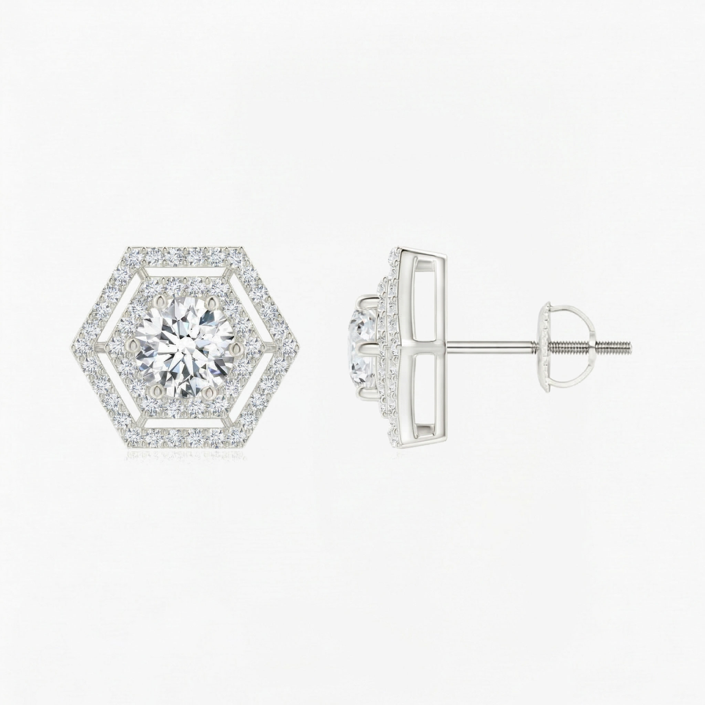Round Diamond Hexagonal Double Halo Stud Earrings