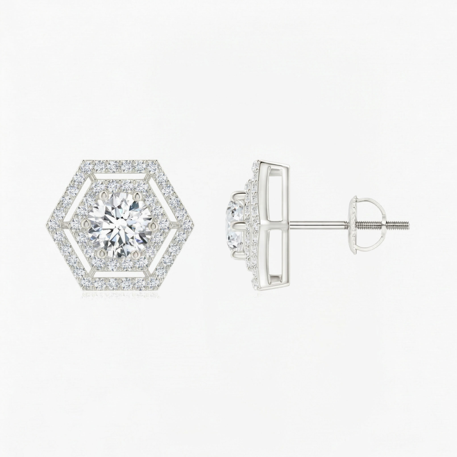 Round Diamond Hexagonal Double Halo Stud Earrings
