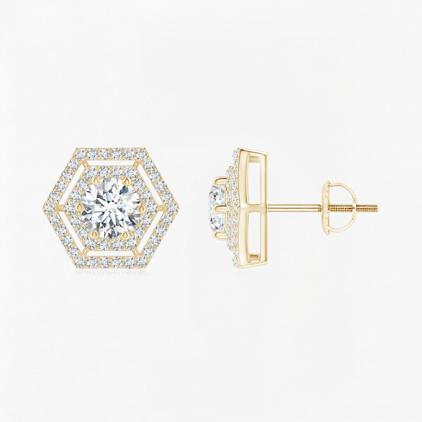 Round Diamond Hexagonal Double Halo Stud Earrings