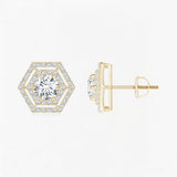 Round Diamond Hexagonal Double Halo Stud Earrings, thumbnail 4
