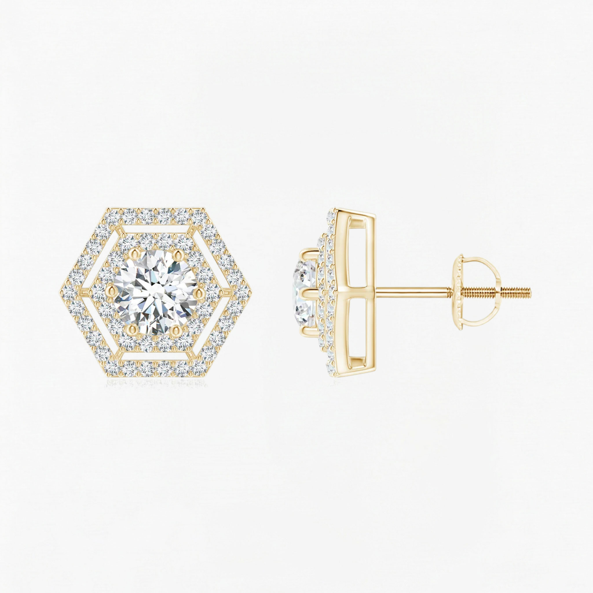 Round Diamond Hexagonal Double Halo Stud Earrings