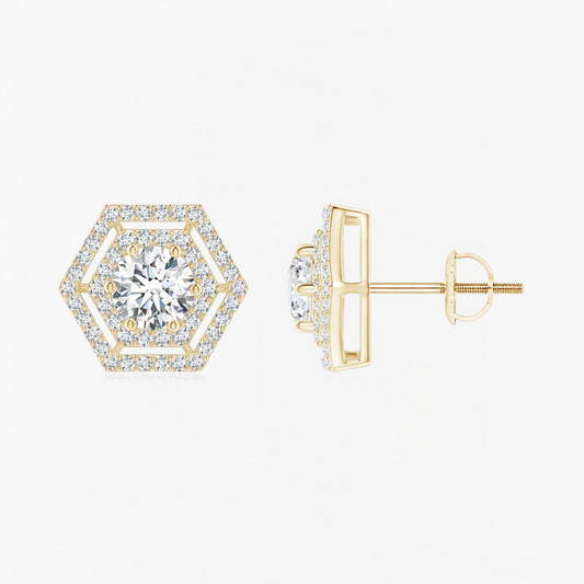 Round Diamond Hexagonal Double Halo Stud Earrings