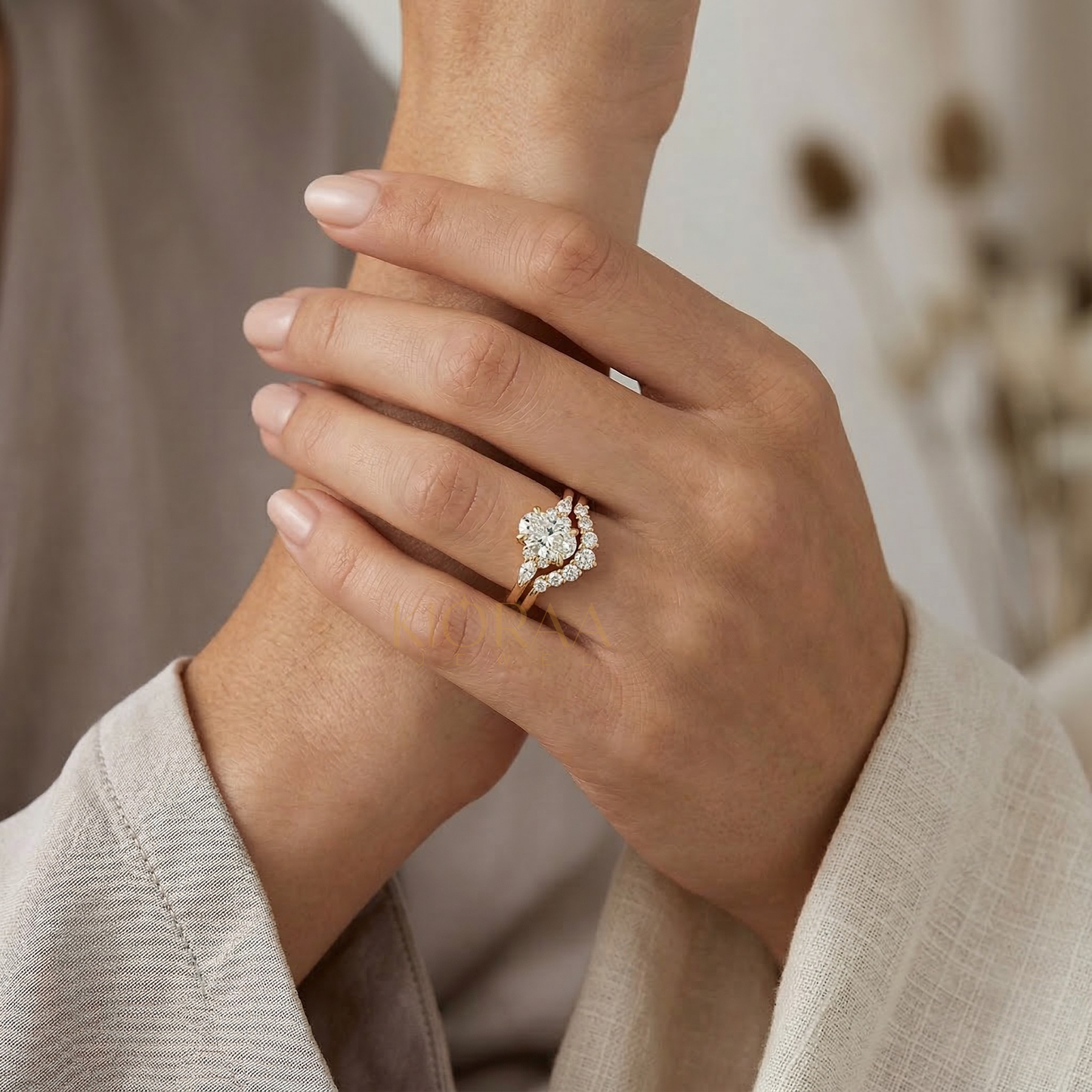 Oval and Marquise Trio Ring with Round Diamond Eternity Wedding Band