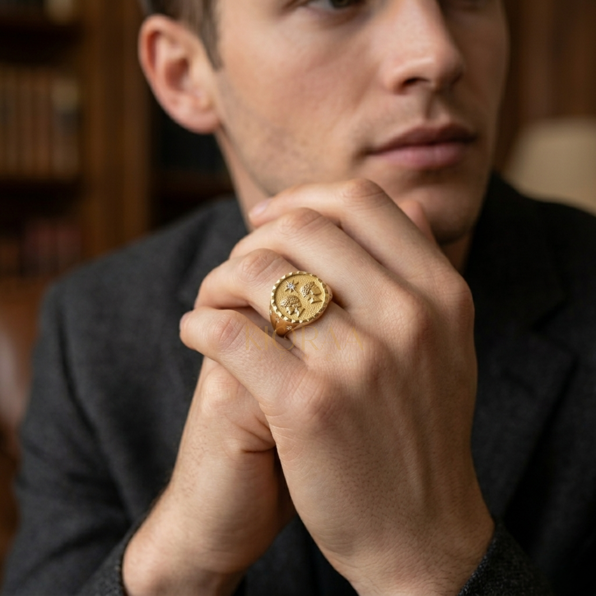 Gemini Zodiac Icon Signet Diamond Ring