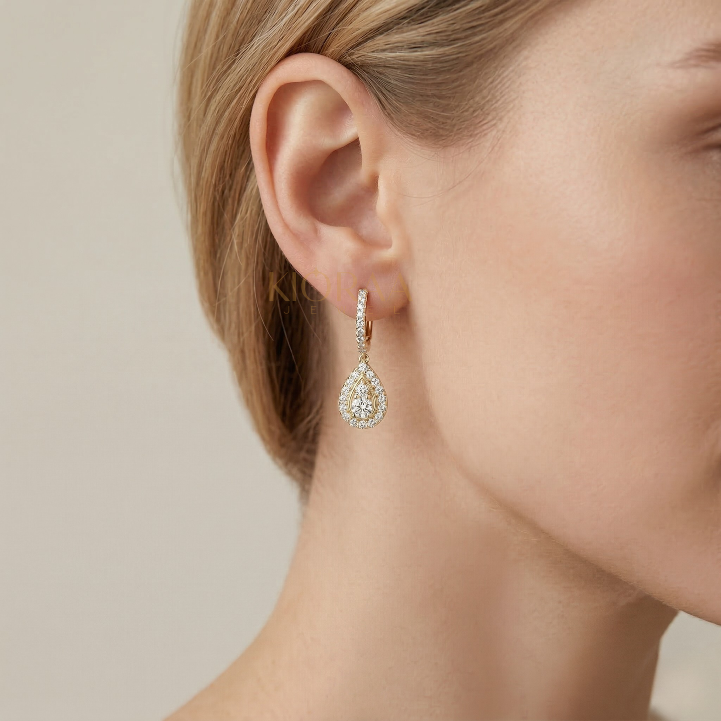 Round Diamond Halo Drop Hoops Earrings