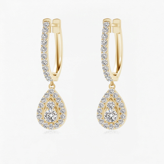 Round Diamond Halo Drop Hoops Earrings