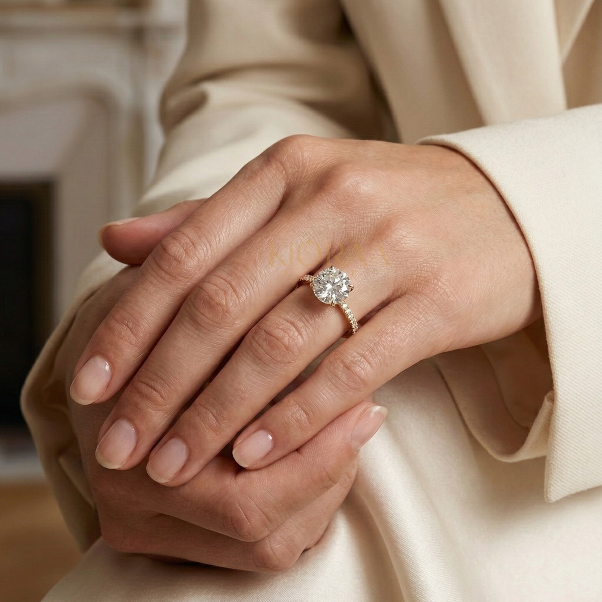Round Petal Pave Setting Engagement Ring