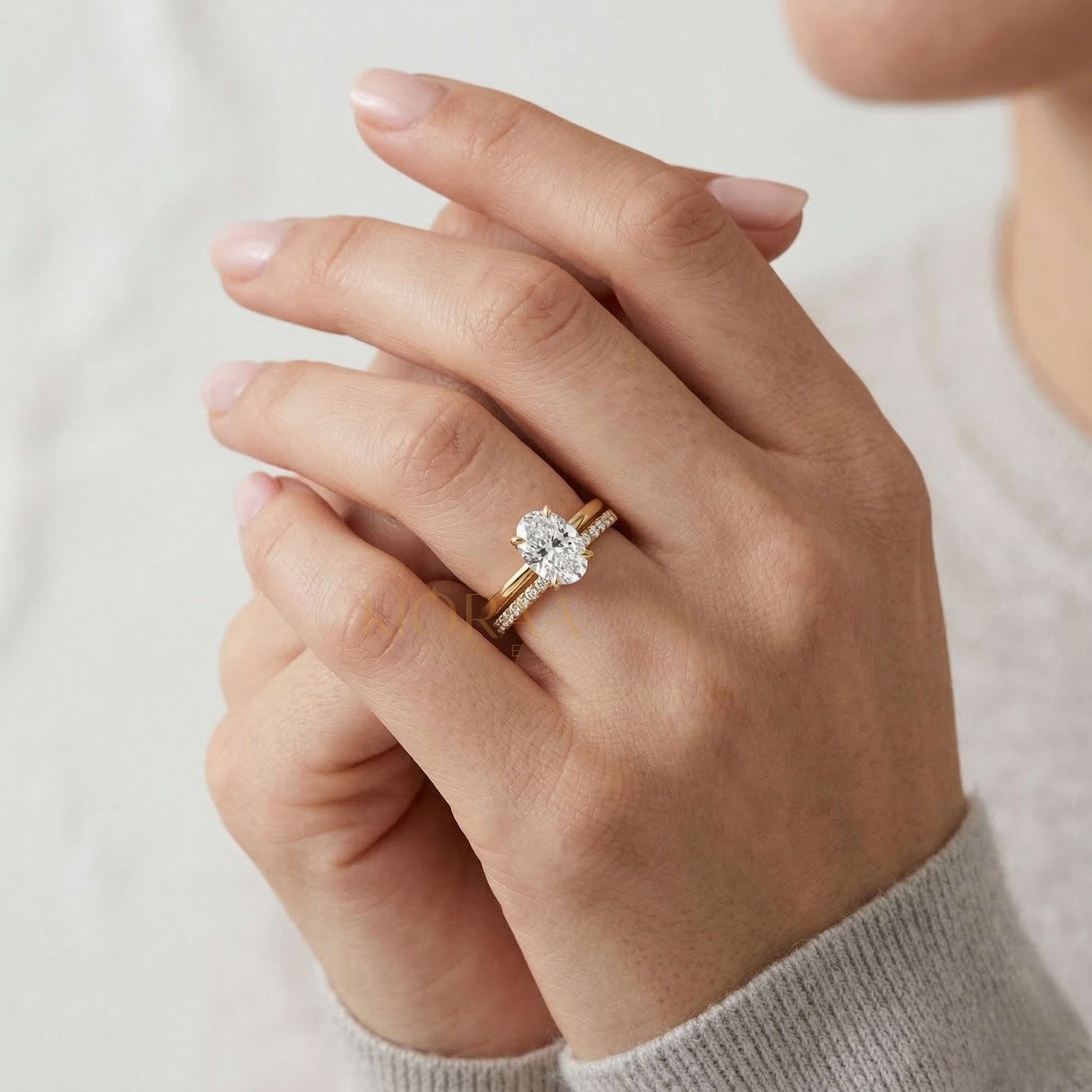 Classic Petal Oval Solitaire Ring with Simple Round Eternity Band