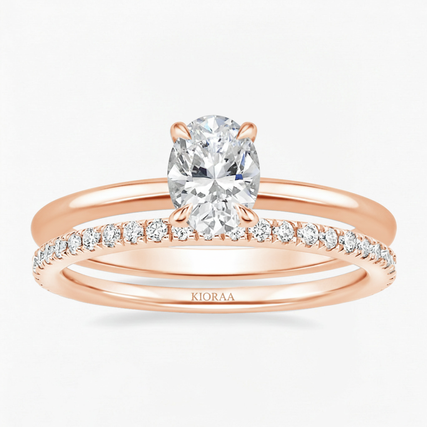 Classic Petal Oval Solitaire Ring with Simple Round Eternity Band
