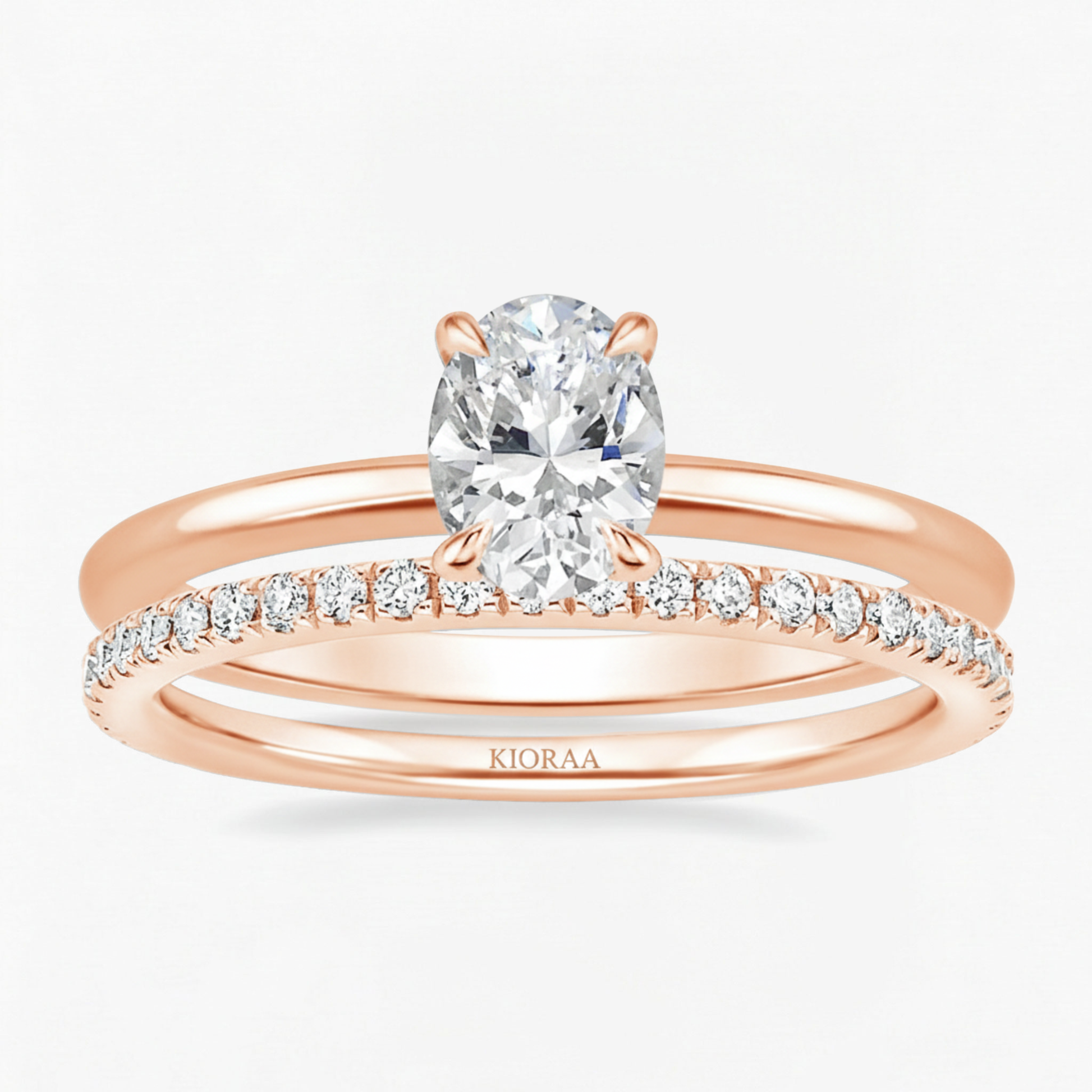 Classic Petal Oval Solitaire Ring with Simple Round Eternity Band