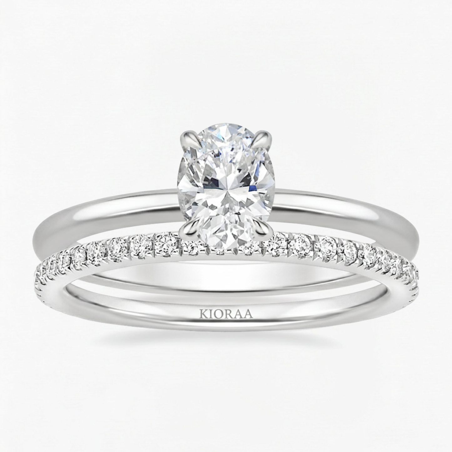 Classic Petal Oval Solitaire Ring with Simple Round Eternity Band