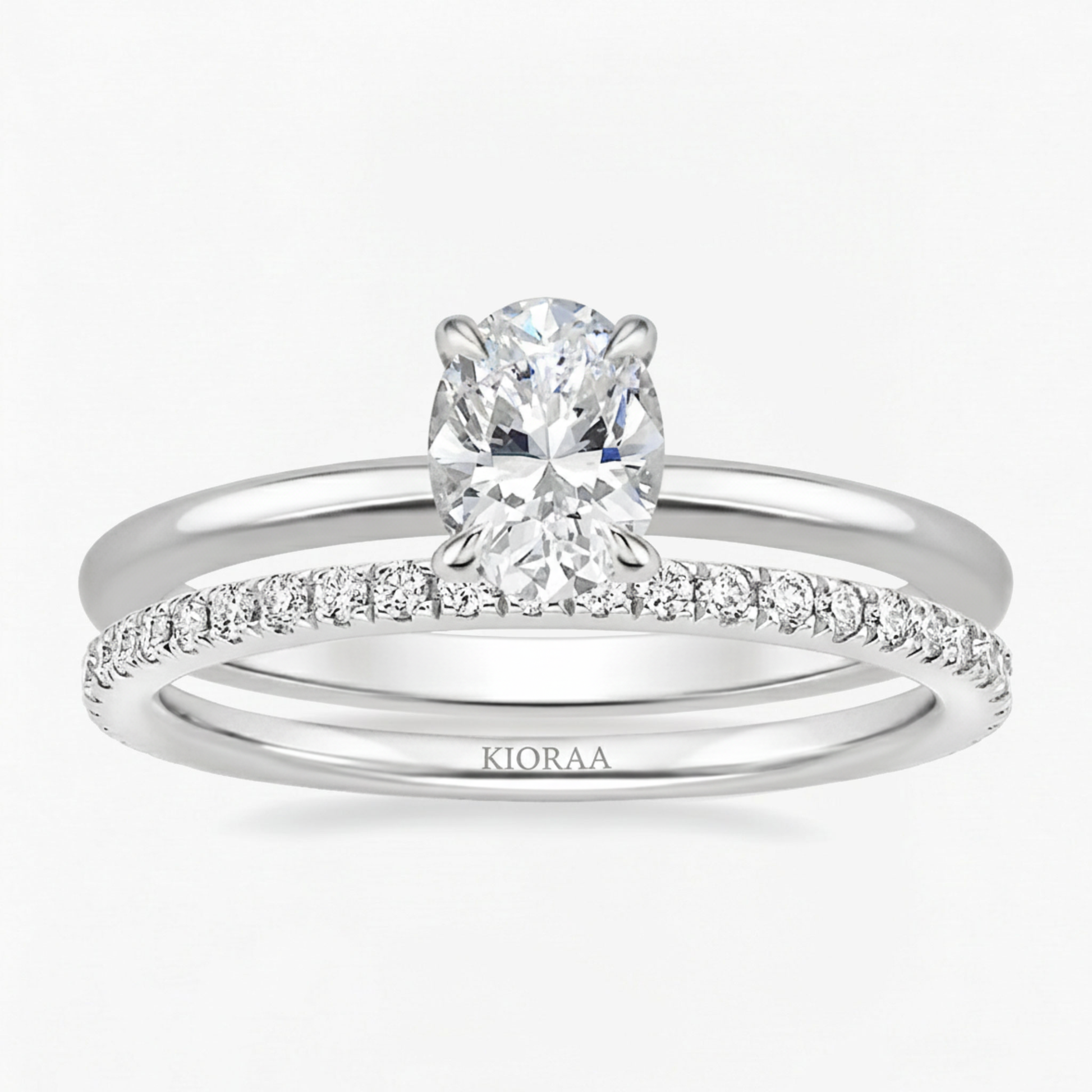 Classic Petal Oval Solitaire Ring with Simple Round Eternity Band