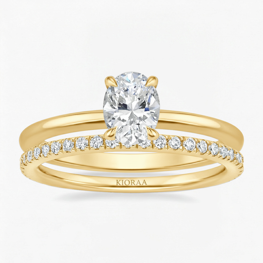 Classic Petal Oval Solitaire Ring with Simple Round Eternity Band