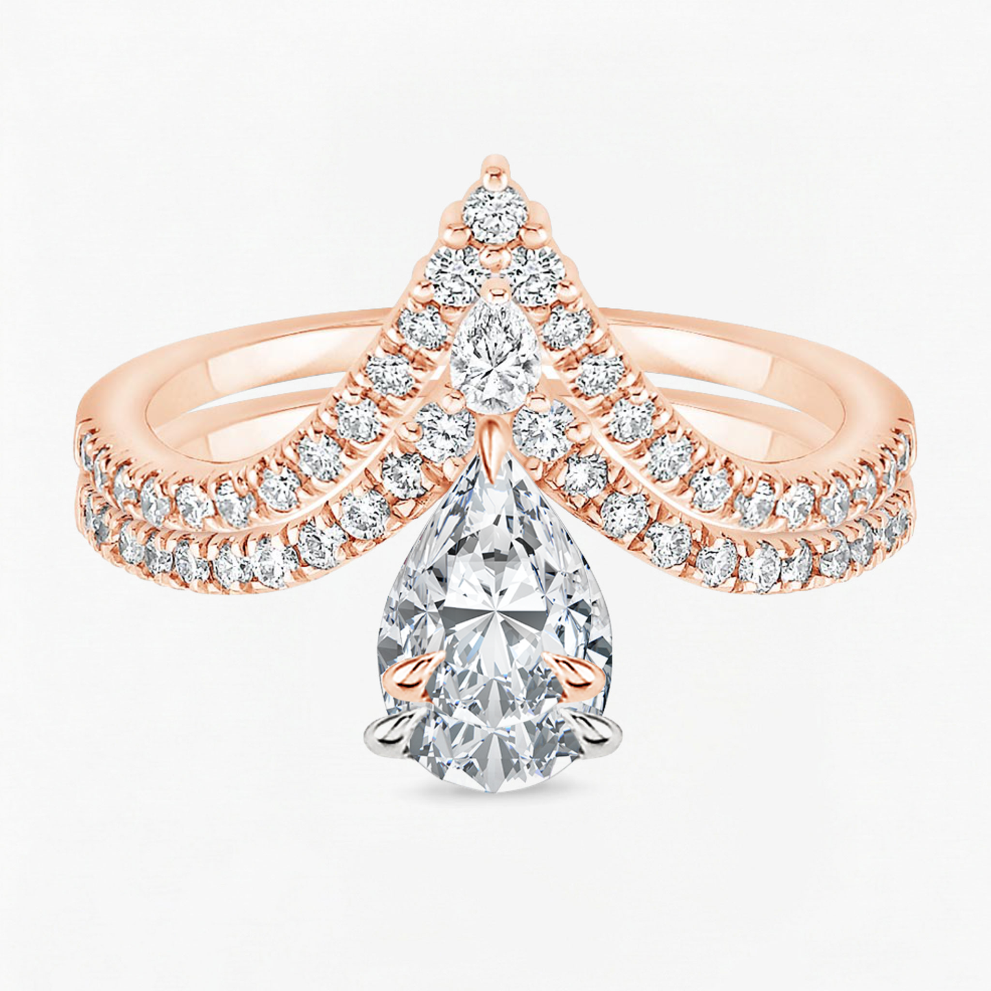Pear Shape Engagement Ring With Round Cut V Shaped Eternity Wedding Band