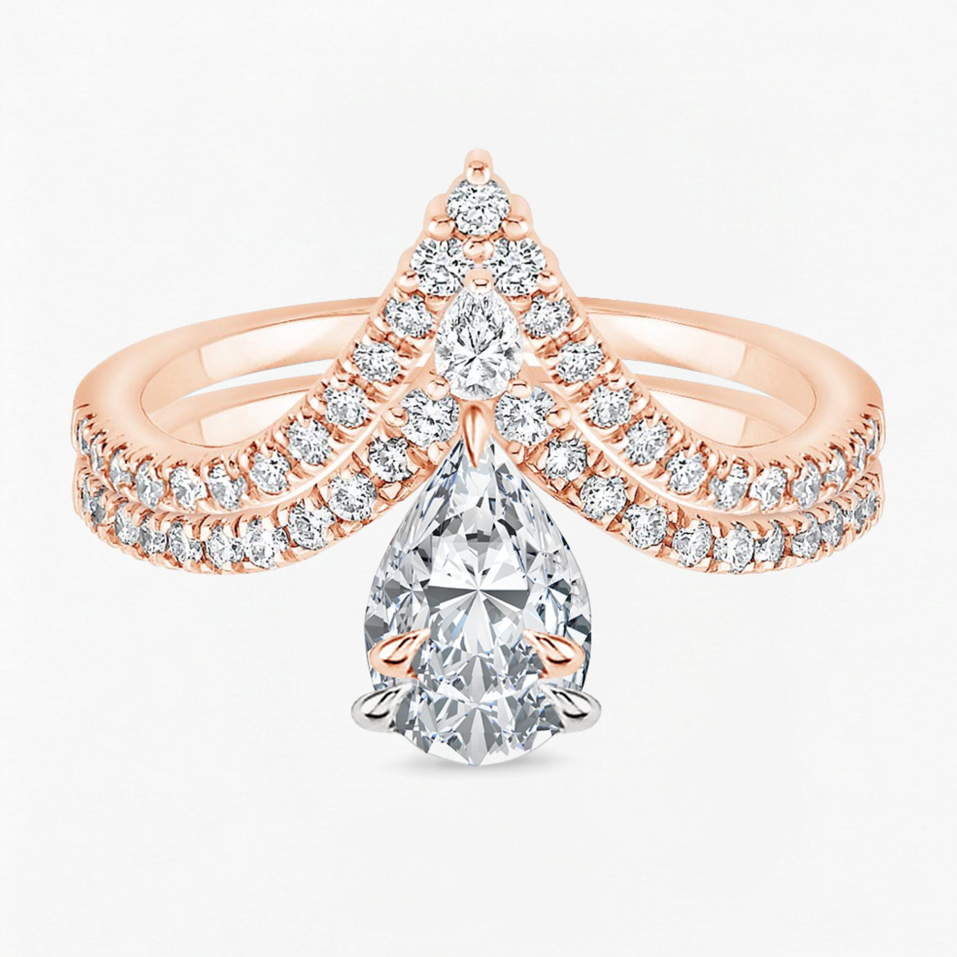 Pear Shape Engagement Ring With Round Cut V Shaped Eternity Wedding Band