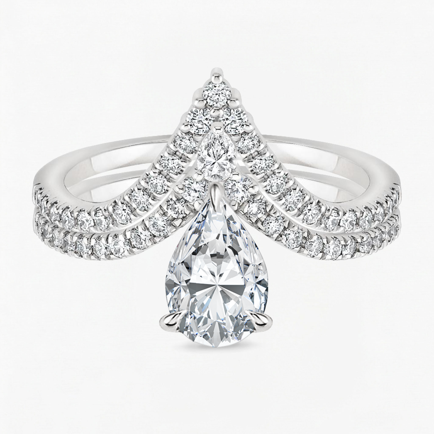 Pear Shape Engagement Ring With Round Cut V Shaped Eternity Wedding Band