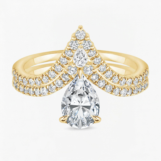 Pear Shape Engagement Ring With Round Cut V Shaped Eternity Wedding Band