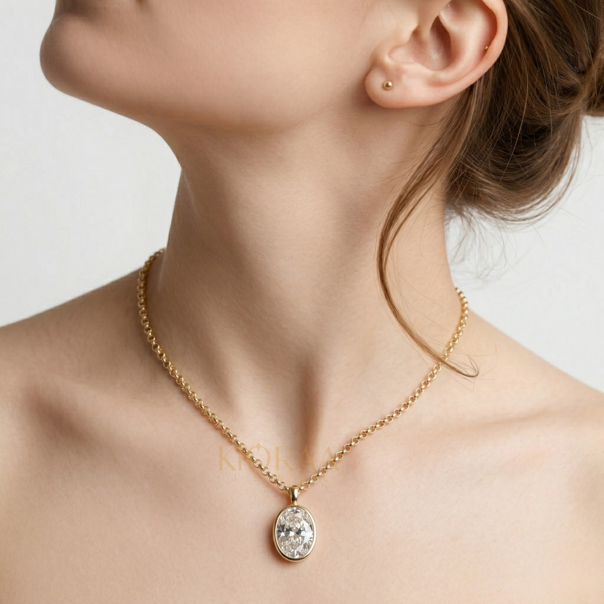 Classic Simple Oval Diamond Bezel Set Solitaire Necklace