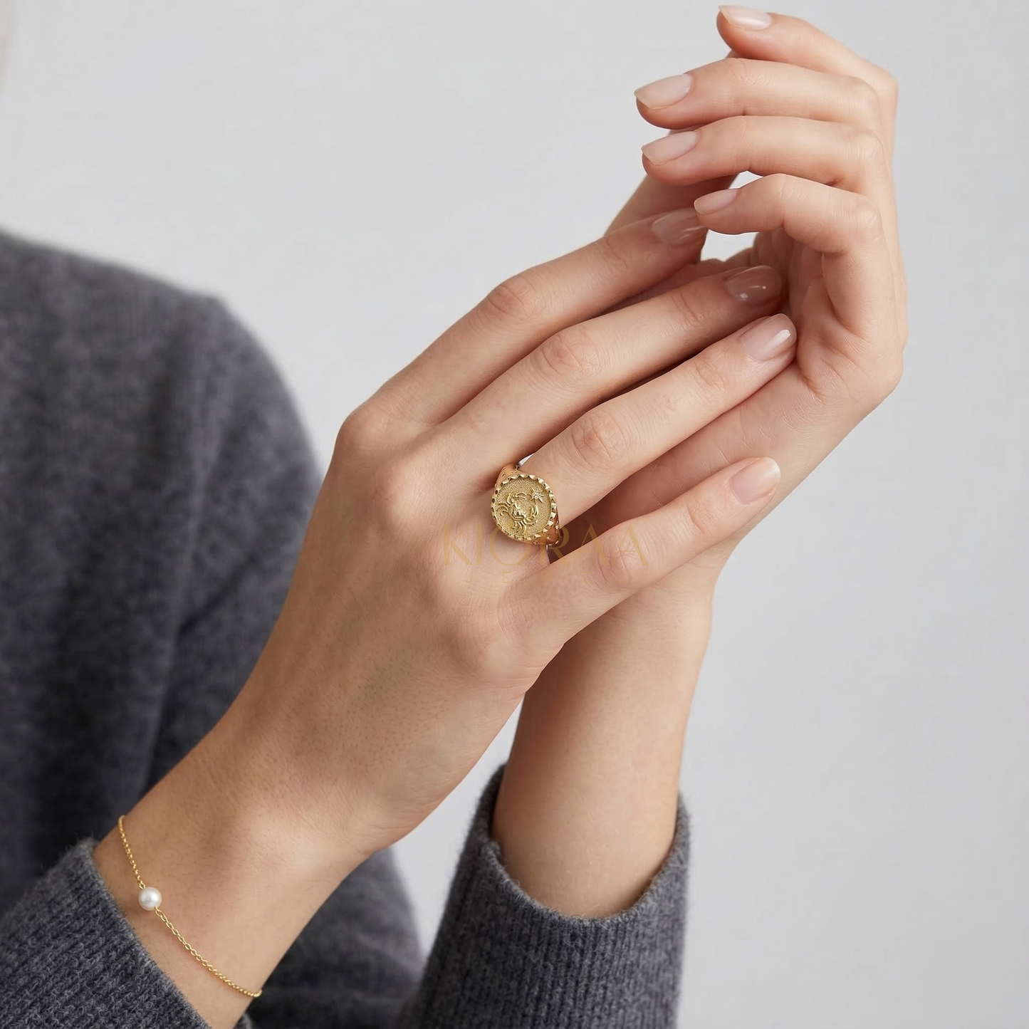 Cancer Zodiac Icon Signet Diamond Ring