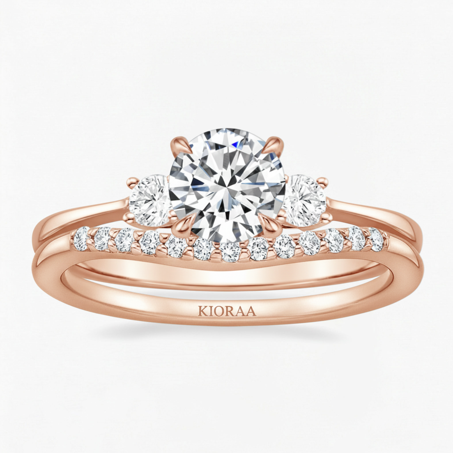 Round Shape Three Stone Diamond Ring with Half Coverage Eternity Wedding Band