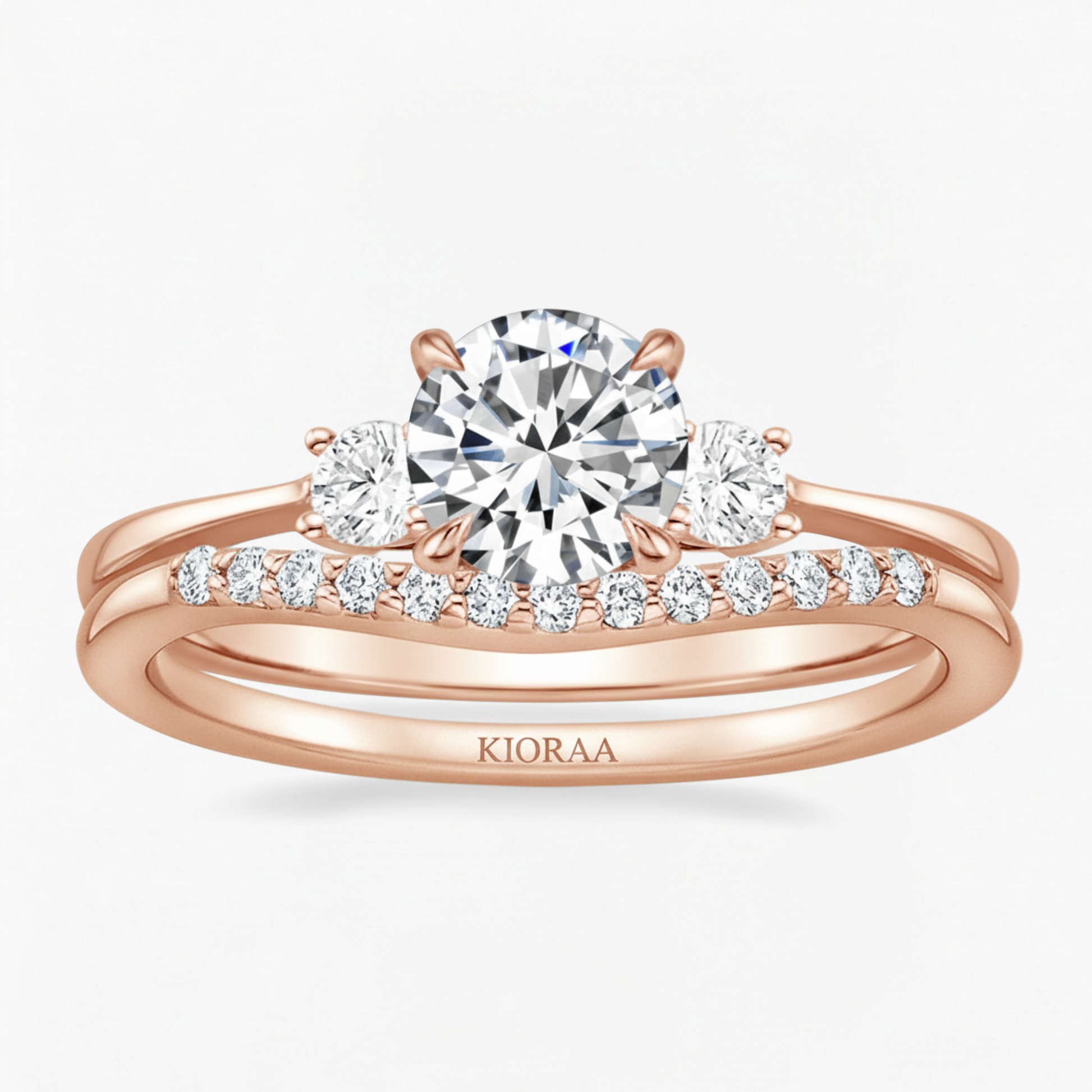 Round Shape Three Stone Diamond Ring with Half Coverage Eternity Wedding Band