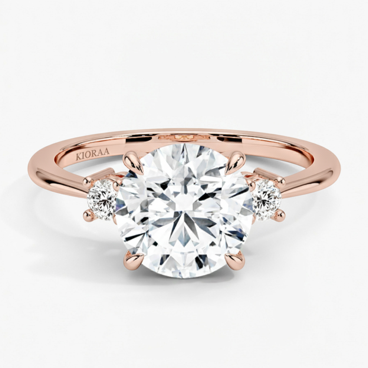 Round Shape Three Stone Diamond Ring with Half Coverage Eternity Wedding Band