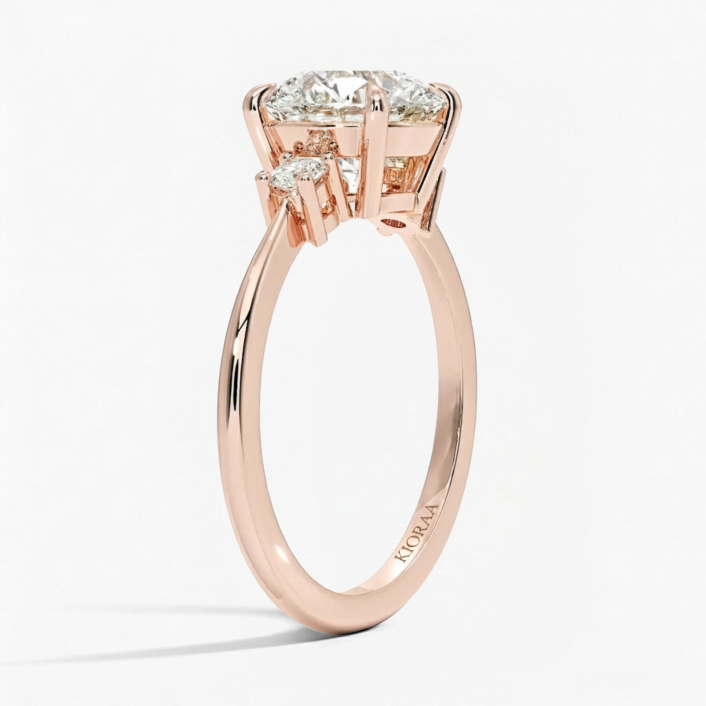Round Shape Three Stone Diamond Ring with Half Coverage Eternity Wedding Band
