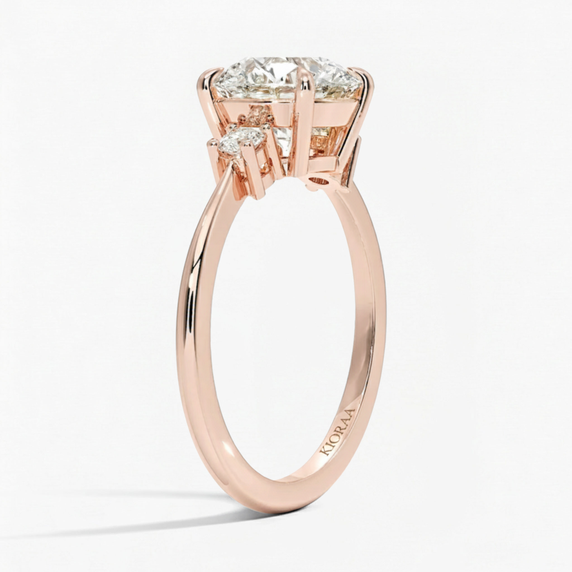 Round Shape Three Stone Diamond Ring with Half Coverage Eternity Wedding Band