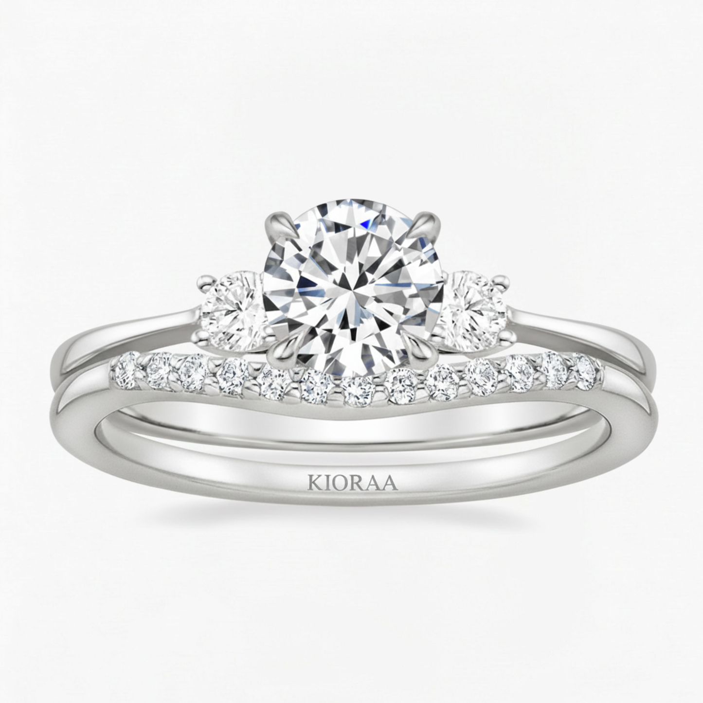Round Shape Three Stone Diamond Ring with Half Coverage Eternity Wedding Band
