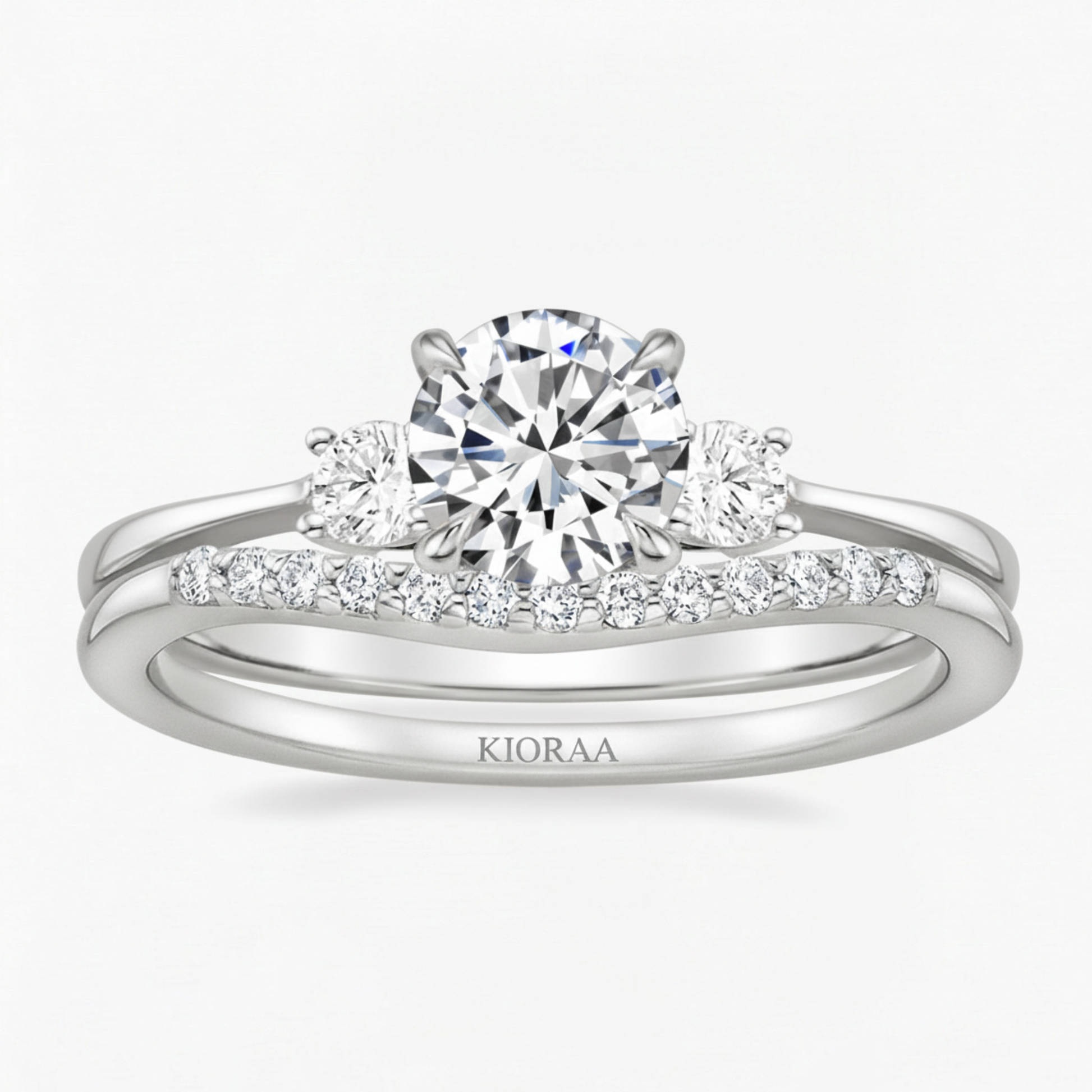 Round Shape Three Stone Diamond Ring with Half Coverage Eternity Wedding Band