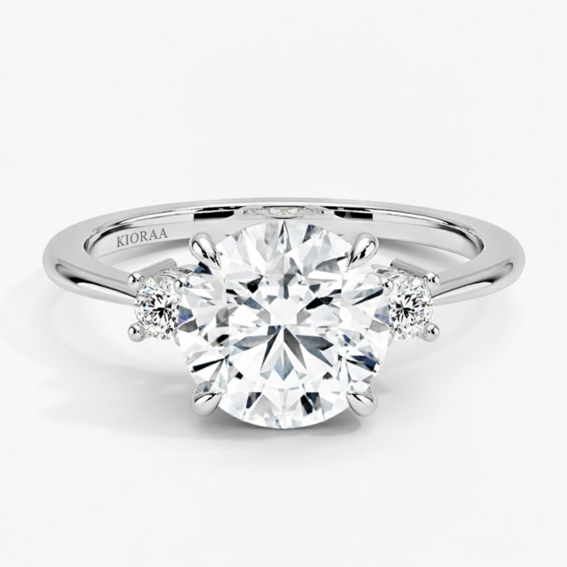 Round Shape Three Stone Diamond Ring with Half Coverage Eternity Wedding Band