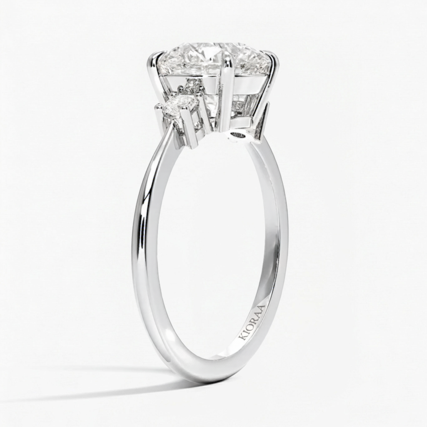 Round Shape Three Stone Diamond Ring with Half Coverage Eternity Wedding Band