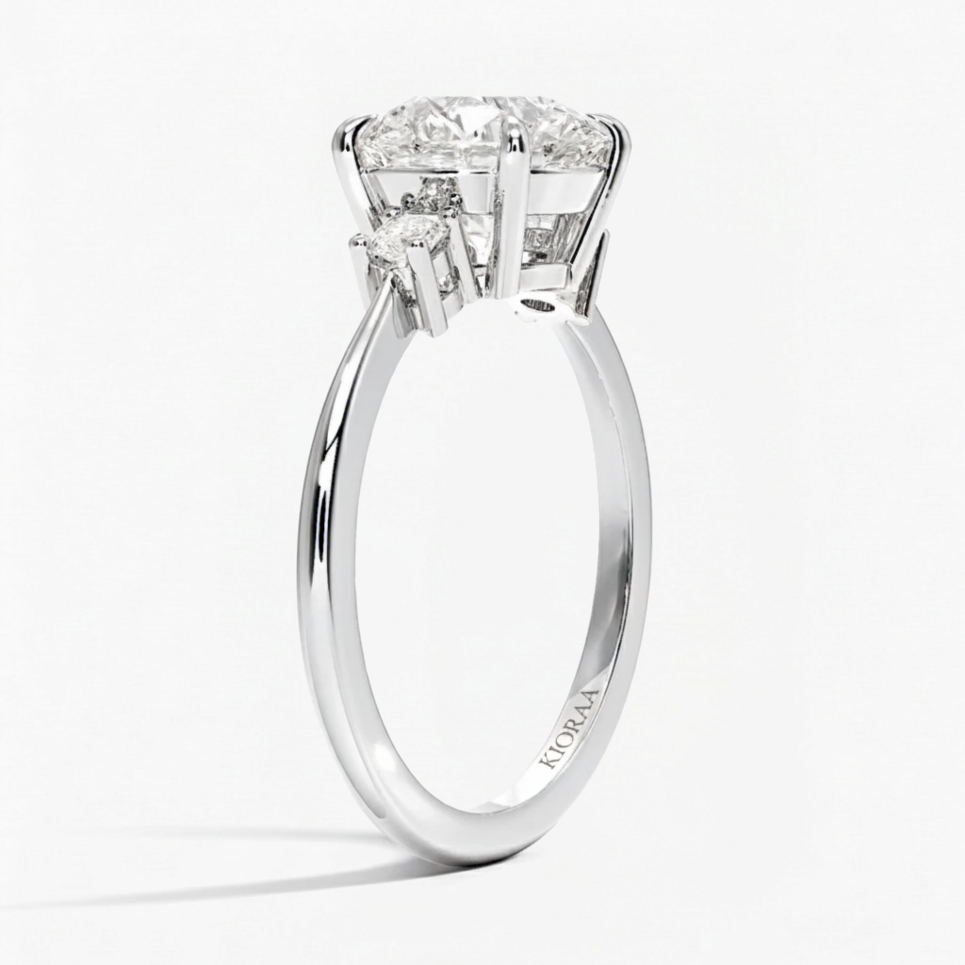 Round Shape Three Stone Diamond Ring with Half Coverage Eternity Wedding Band
