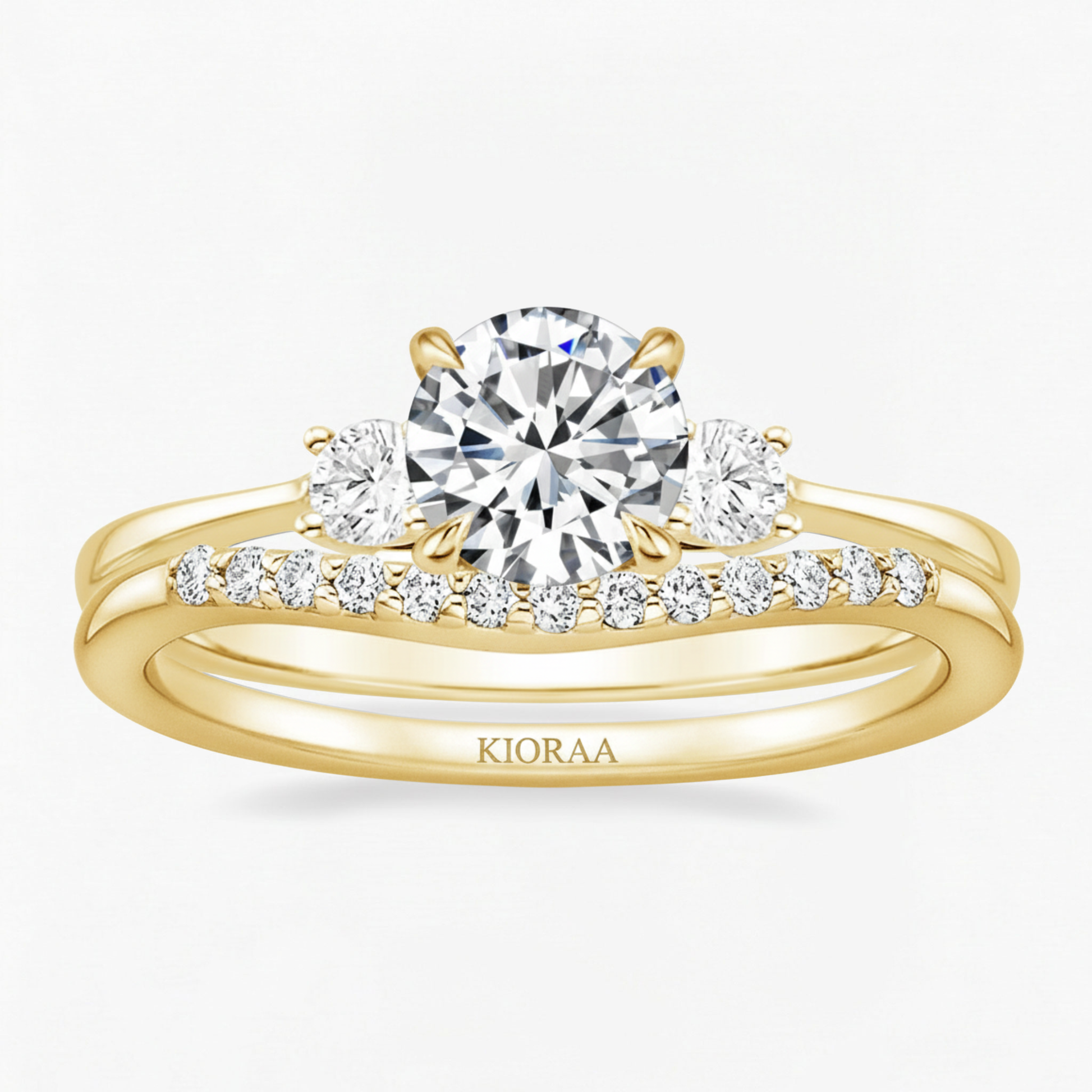 Round Shape Three Stone Diamond Ring with Half Coverage Eternity Wedding Band