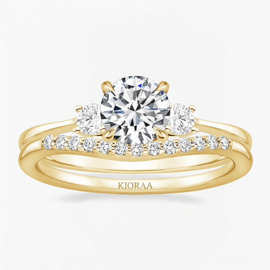 Round Shape Three Stone Diamond Ring with Half Coverage Eternity Wedding Band