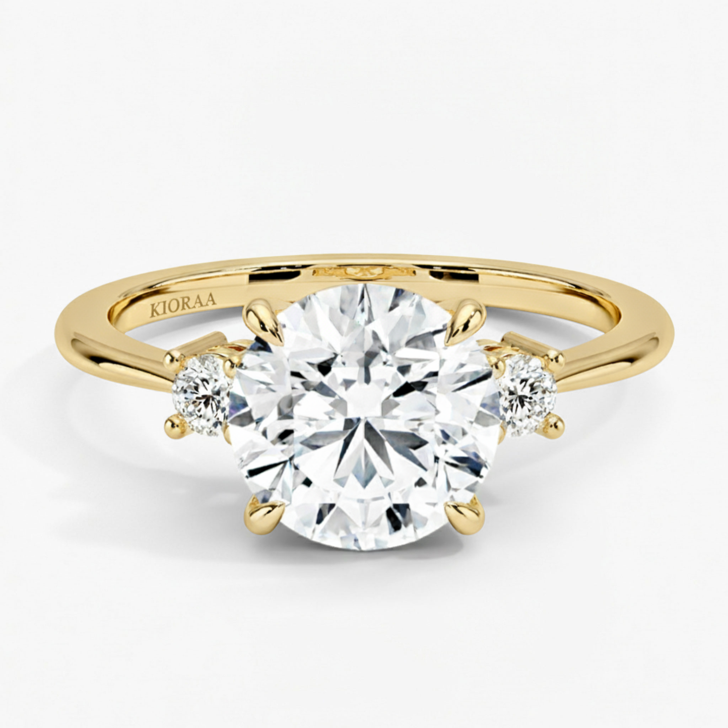 Round Shape Three Stone Diamond Ring with Half Coverage Eternity Wedding Band
