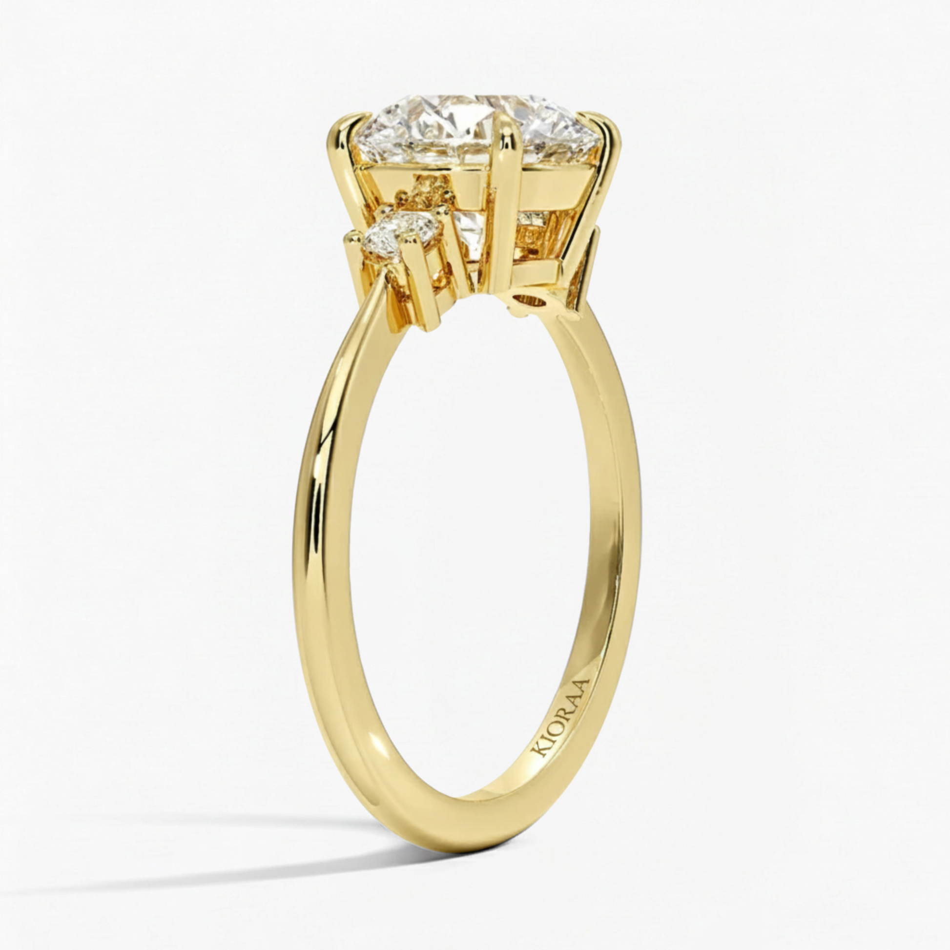 Round Shape Three Stone Diamond Ring with Half Coverage Eternity Wedding Band
