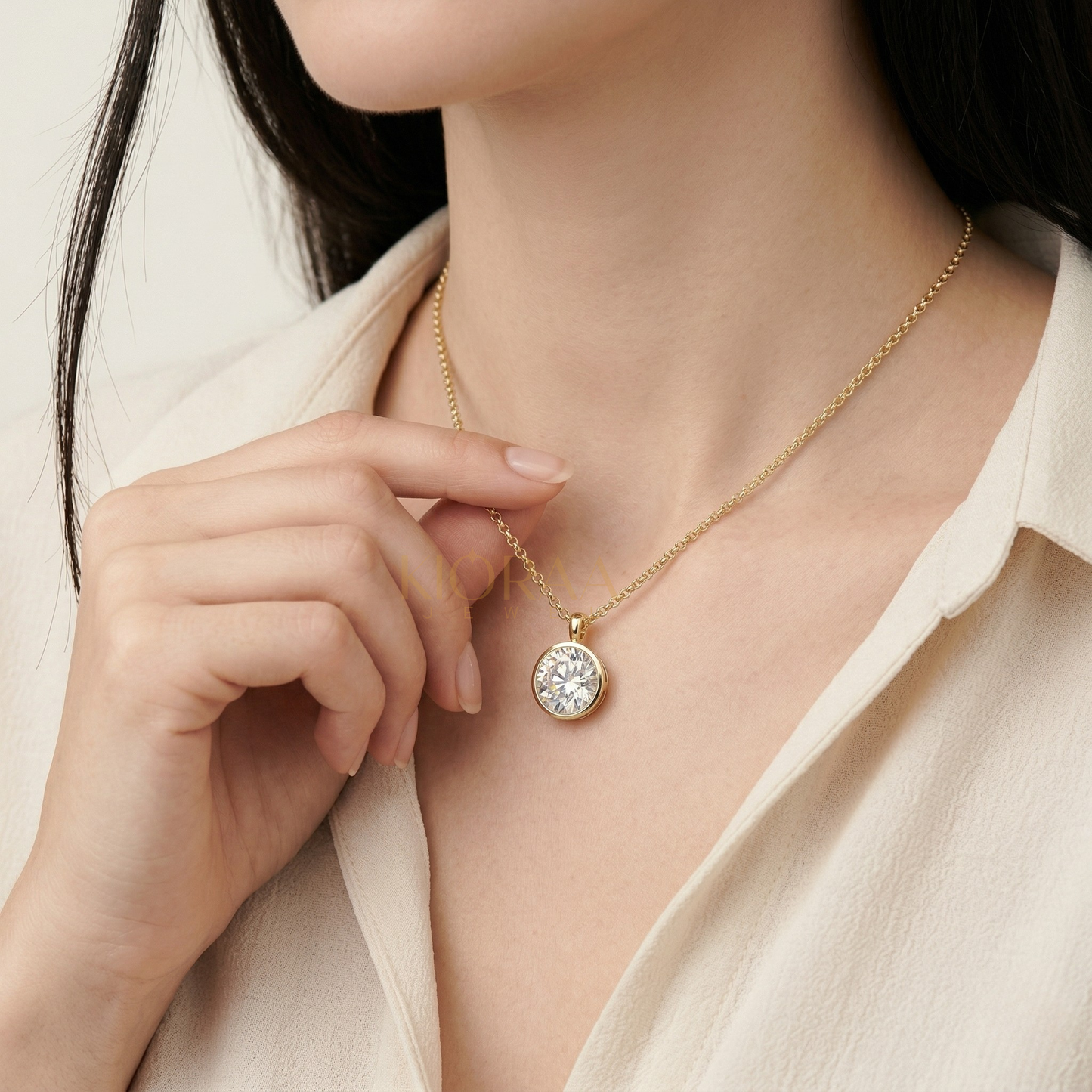 Classic Simple Round Diamond Bezel Set Solitaire Necklace